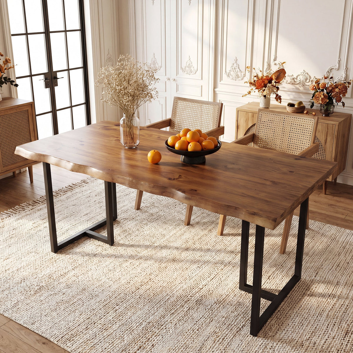 63-Inch Solid Wood Dining Table with Live-Edge Inspired Top and Metal U-Frame, Industrial Kitchen Table for 4-6 People