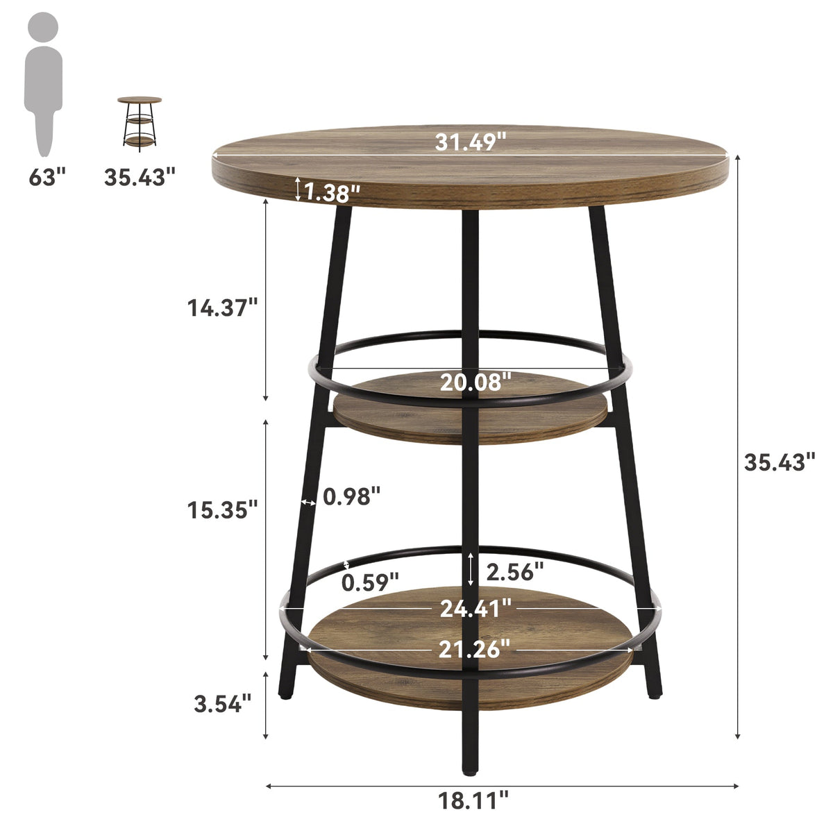 35.4-Inch Round Bar Table, Counter Height Pub Table with Storage Shelves for Kitchen and Small Spaces