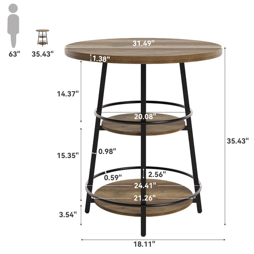 35.4-Inch Round Bar Table, Counter Height Pub Table with Storage Shelves for Kitchen and Small Spaces