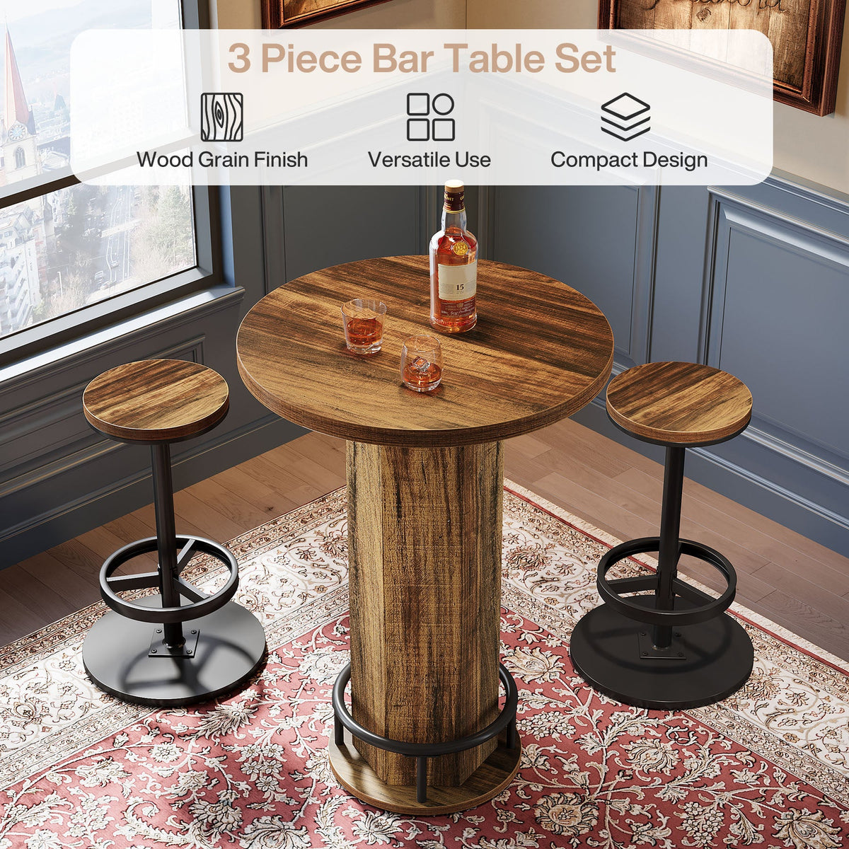 23.62-Inch Round Bar Table Set, Industrial Bistro Table with 2 Bar Stools and Metal Footrest for Kitchen Apartment