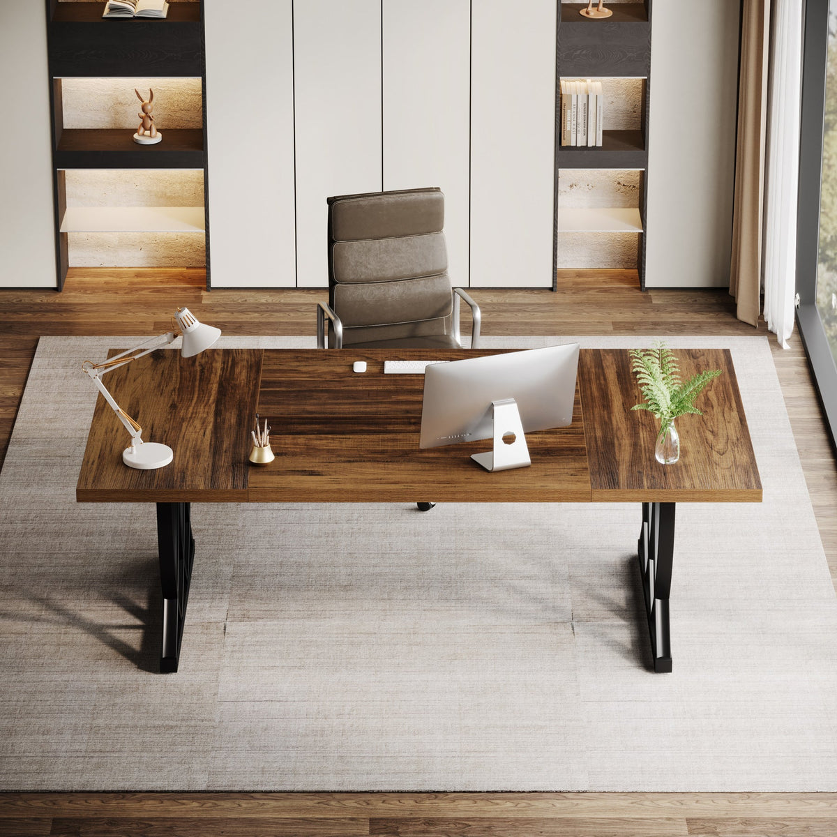 70.86-Inch Executive Desk, Large Home Office Computer Desk with Trestle Metal Frame for Study and Writing