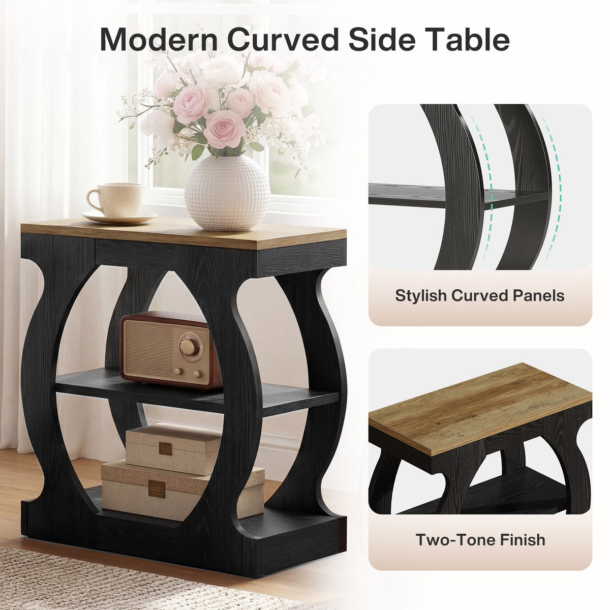 23.6 Inch Narrow End Table with 3-Tier Storage, Wooden Side Table with Curved Frame
