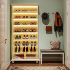 69-Inch Tall Shoe Storage Cabinet with LED Lighting and Solid Wood Legs, 28-Inch Wide 30-Pair Shoe Rack Organizer