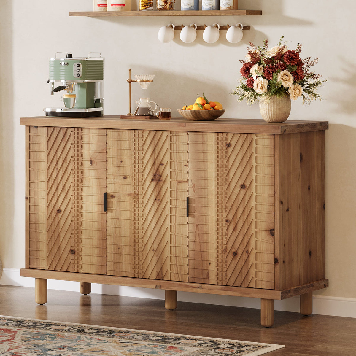 47.6-Inch Farmhouse Sideboard Cabinet with 3 Doors, Solid Wood Buffet Cabinet for Kitchen