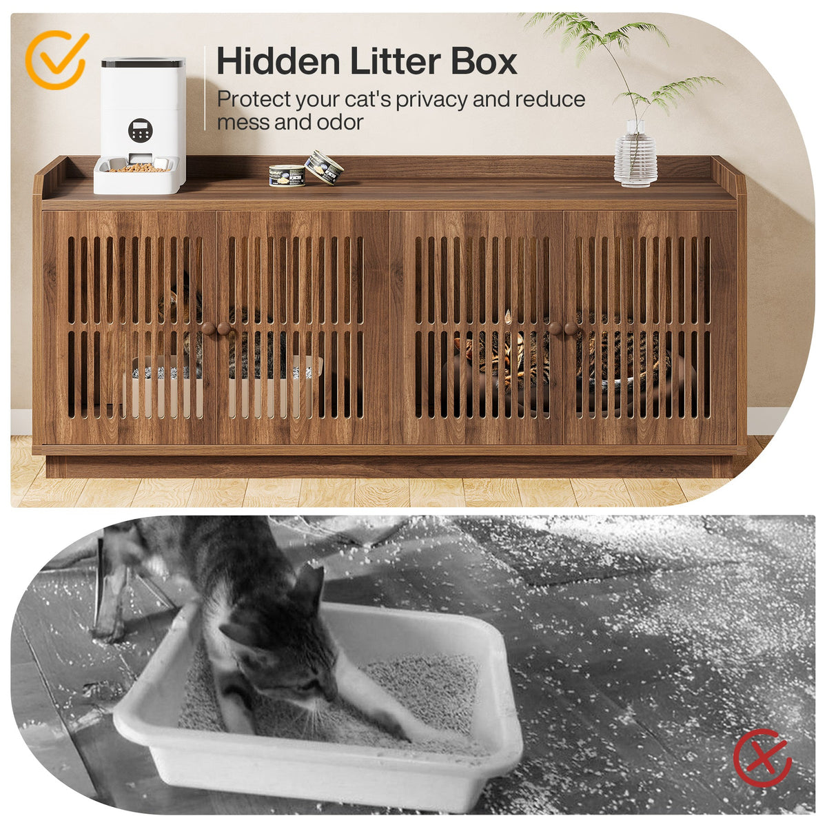 55.1-Inch Extra Large Cat Litter Box Enclosure for 2 Cats with 2 Cabinets and Side Entry, Hidden Wooden Cat Washroom Furniture for Living Room