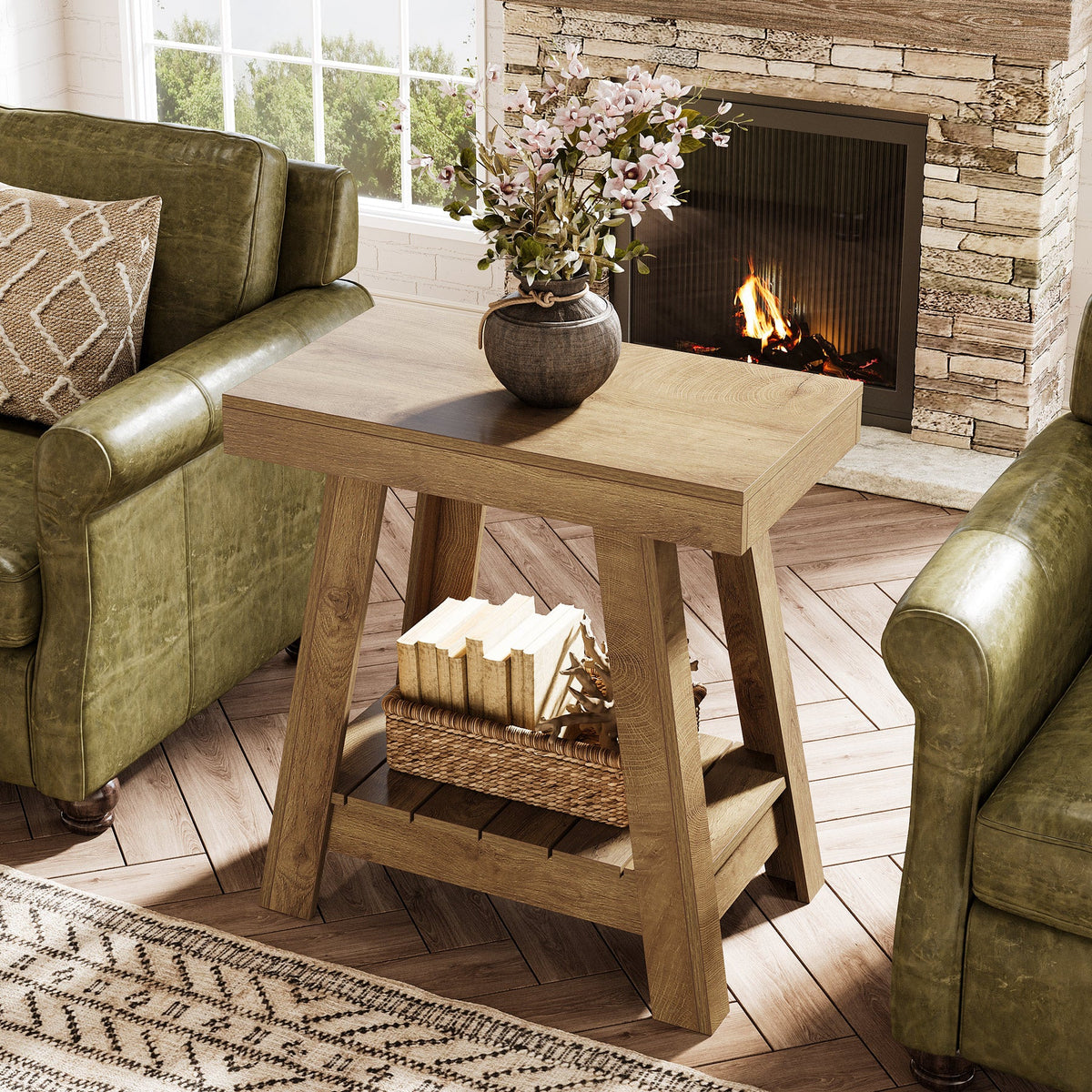 23.6 Inch 2-Tier End Table with Trapezoidal Base, Farmhouse Side Table for Small Spaces