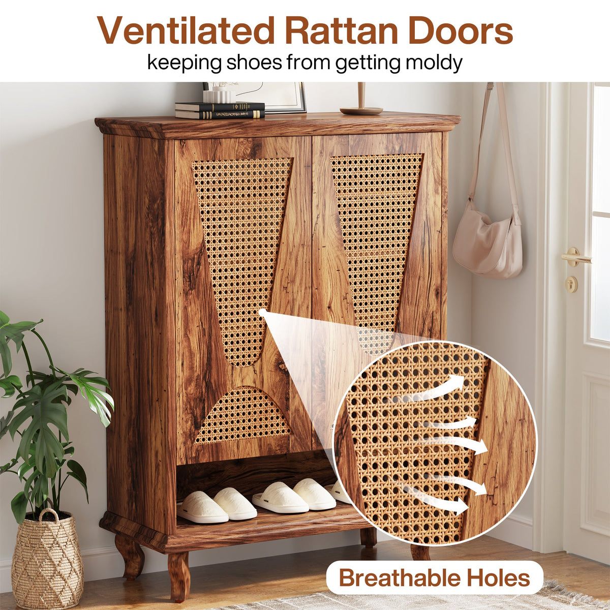 Rattan Shoe Cabinet, 5-Tier Hidden Shoe Storage for Entryway