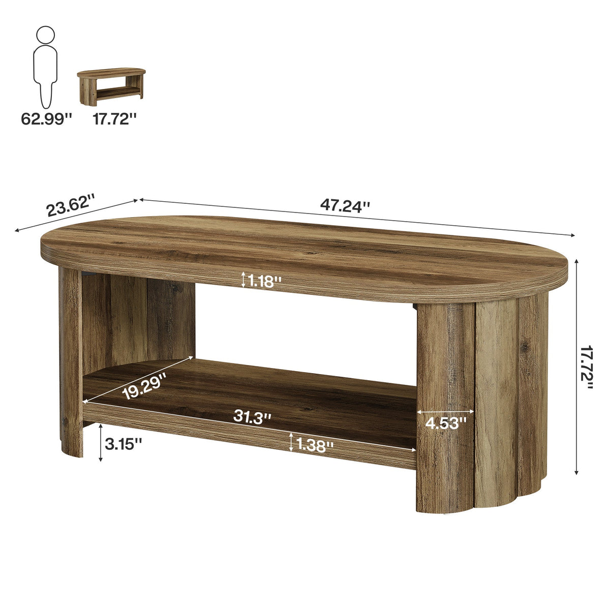 47.24-Inch Oval Coffee Table with 2-Tier Storage Shelf and Dual Base, Farmhouse Accent Center Table
