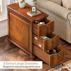 11.02-Inch Wide Fully Assembled End Table with 3 Drawers, Narrow Walnut Brown Side Table for Bedside Living Room