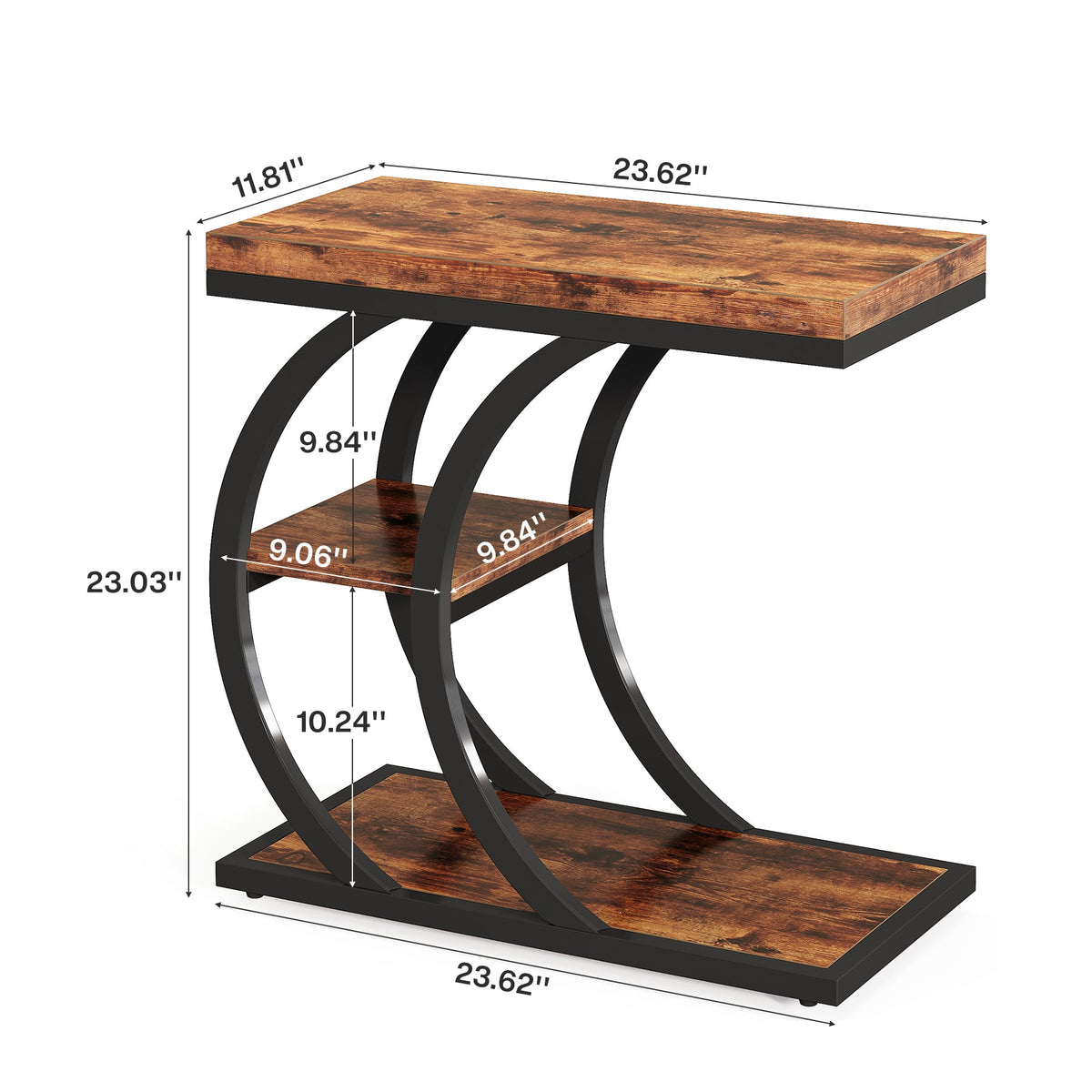 C-Space 3-Tier End Table, A Narrow C-Shaped Wood & Metal Side Table for Small Spaces
