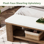 63 Inch Solid Wood Bench with Removable Faux Lambswool Cushion, Farmhouse End of Bed Seat