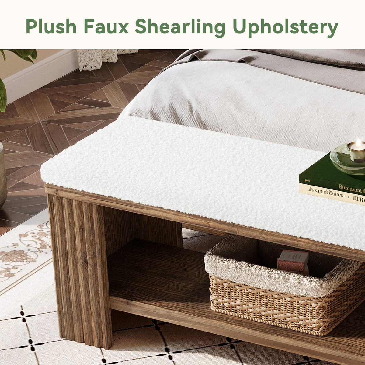 63 Inch Solid Wood Bench with Removable Faux Lambswool Cushion, Farmhouse End of Bed Seat
