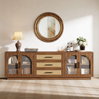 71-Inch TV Stand with Rattan Drawers, Mid-Century Media Console for Living Room