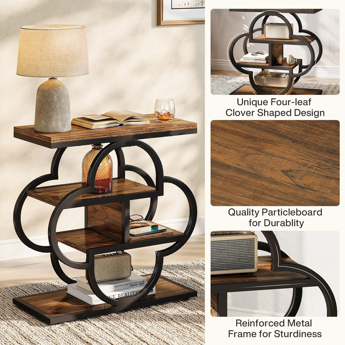 4-Tier Narrow Side Table with Curved Metal Frame and Storage Shelves