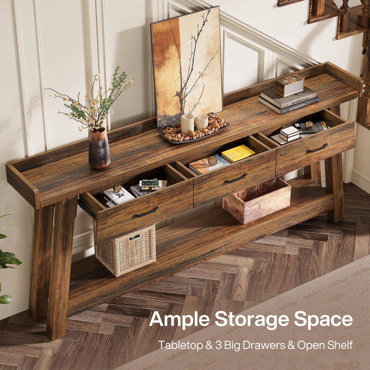 70.9 Inch Extra Long Console Table with 3 Drawers, 2-Tier Sofa Table for Living Room