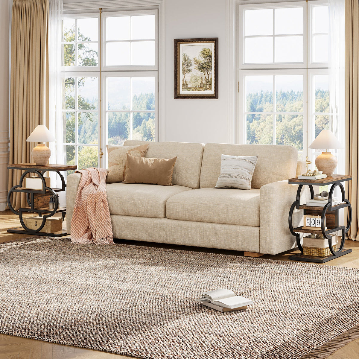 4-Tier Narrow Side Table with Curved Metal Frame and Storage Shelves