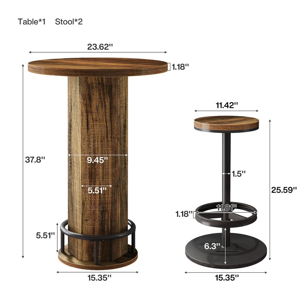 23.62-Inch Round Bar Table Set, Industrial Bistro Table with 2 Bar Stools and Metal Footrest for Kitchen Apartment