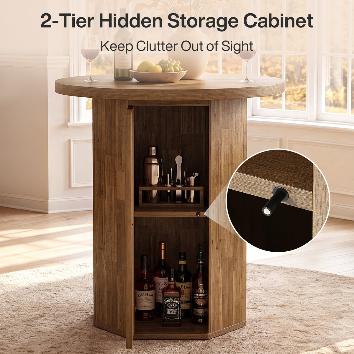 31.5-Inch Round Bar Table, Wood Pub Table with 2-Tier Hidden Storage for Home Bar