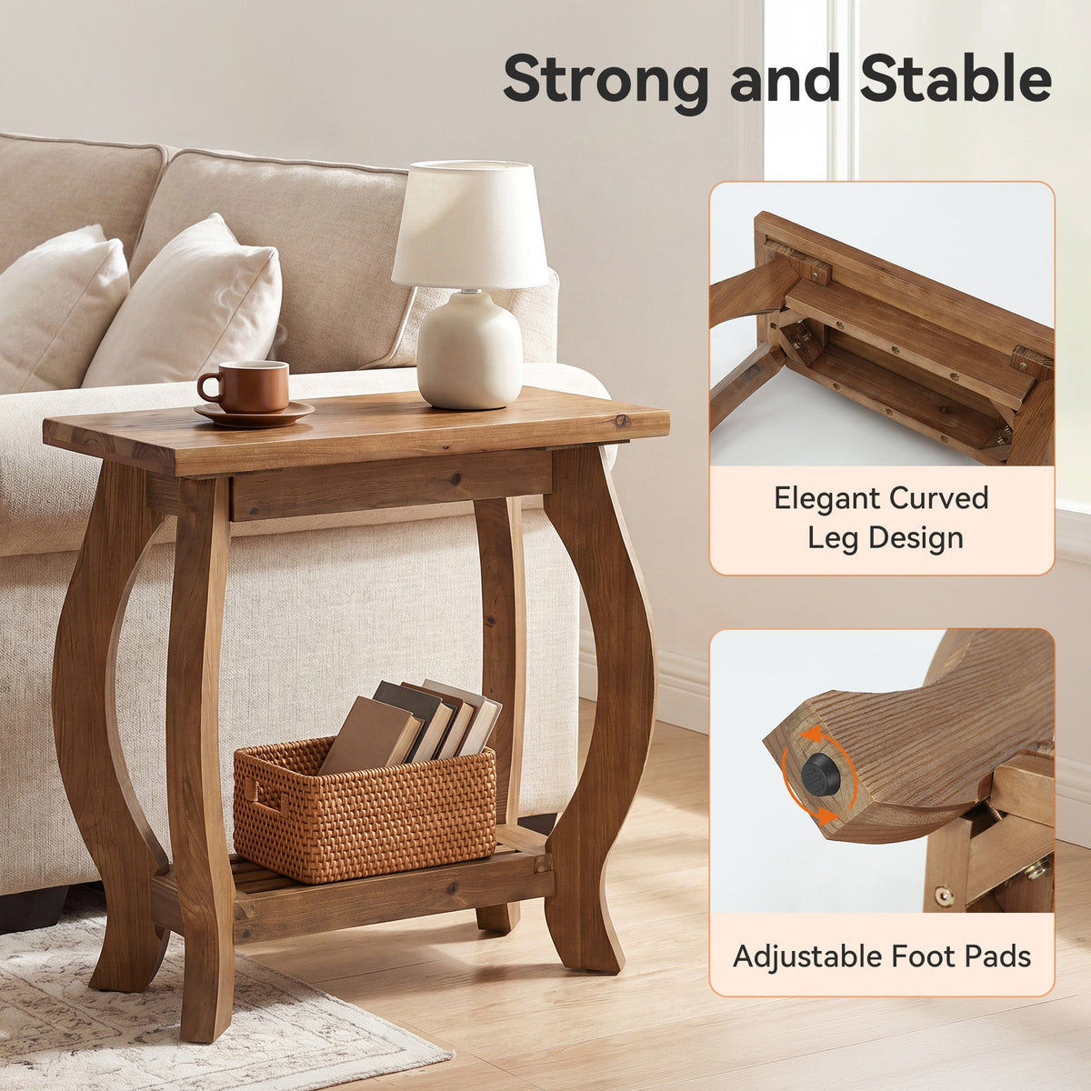 23.6 Inch Narrow Side Table with Curved Legs, Solid Wood End Table for Small Spaces