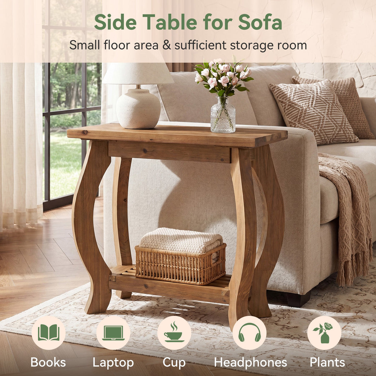 23.6 Inch Narrow Side Table with Curved Legs, Solid Wood End Table for Small Spaces