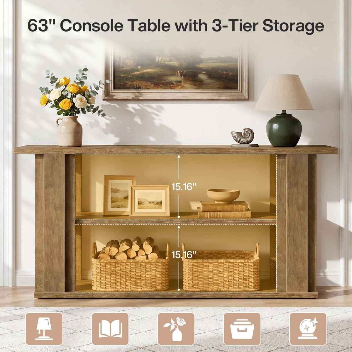 63-Inch Farmhouse Console Table with 3-Tier Storage Shelves and Wide Panel Supports, Narrow Sofa Table for Living Room Hallway and Foyer