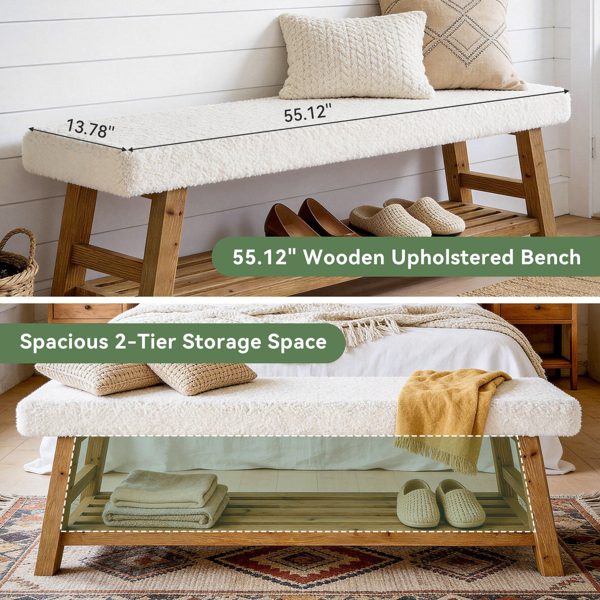 55-Inch Upholstered Dining Bench with Cushion and Storage Shelf