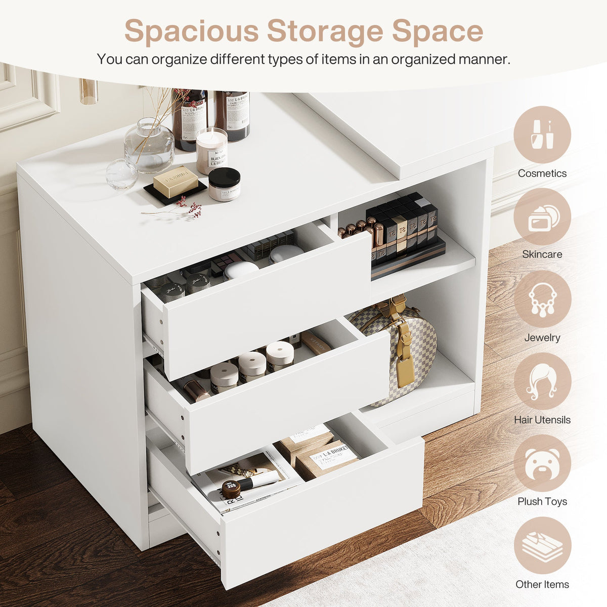 Vanity Desk with 3 Drawers and 2 Shelves, Matte White Makeup Table with Reversible Storage Cabinet for Bedroom