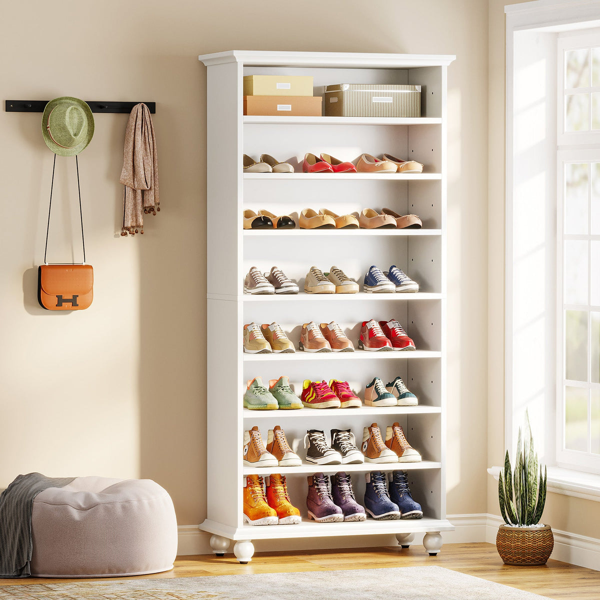69-Inch Tall Shoe Storage Cabinet with LED Lighting and Solid Wood Legs, 28-Inch Wide 30-Pair Shoe Rack Organizer