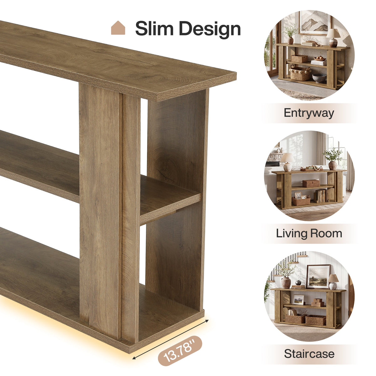 63-Inch Farmhouse Console Table with 3-Tier Storage Shelves and Wide Panel Supports, Narrow Sofa Table for Living Room Hallway and Foyer