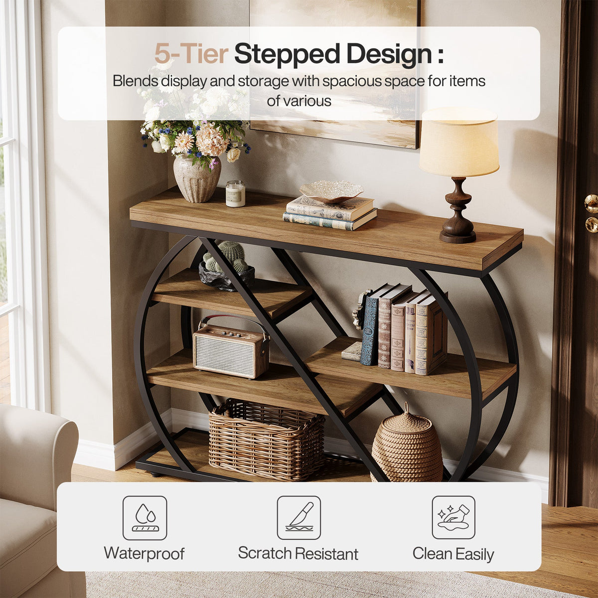 41 Inch Console Table with 5-Tier Storage Shelves and Arched Metal Frame, Industrial Entryway Table