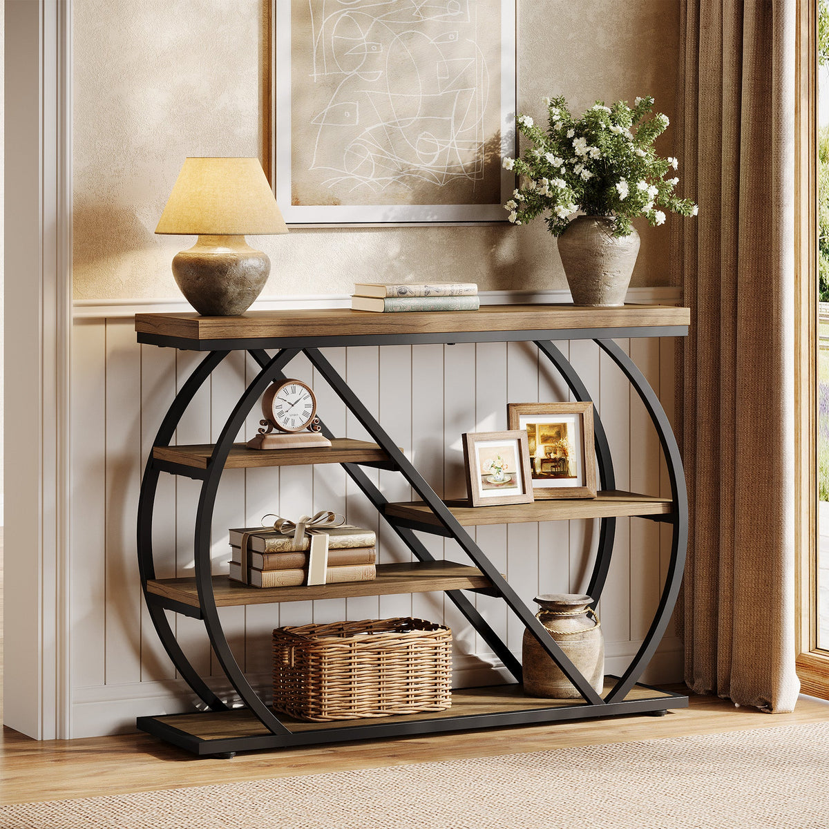 41 Inch Console Table with 5-Tier Storage Shelves and Arched Metal Frame, Industrial Entryway Table