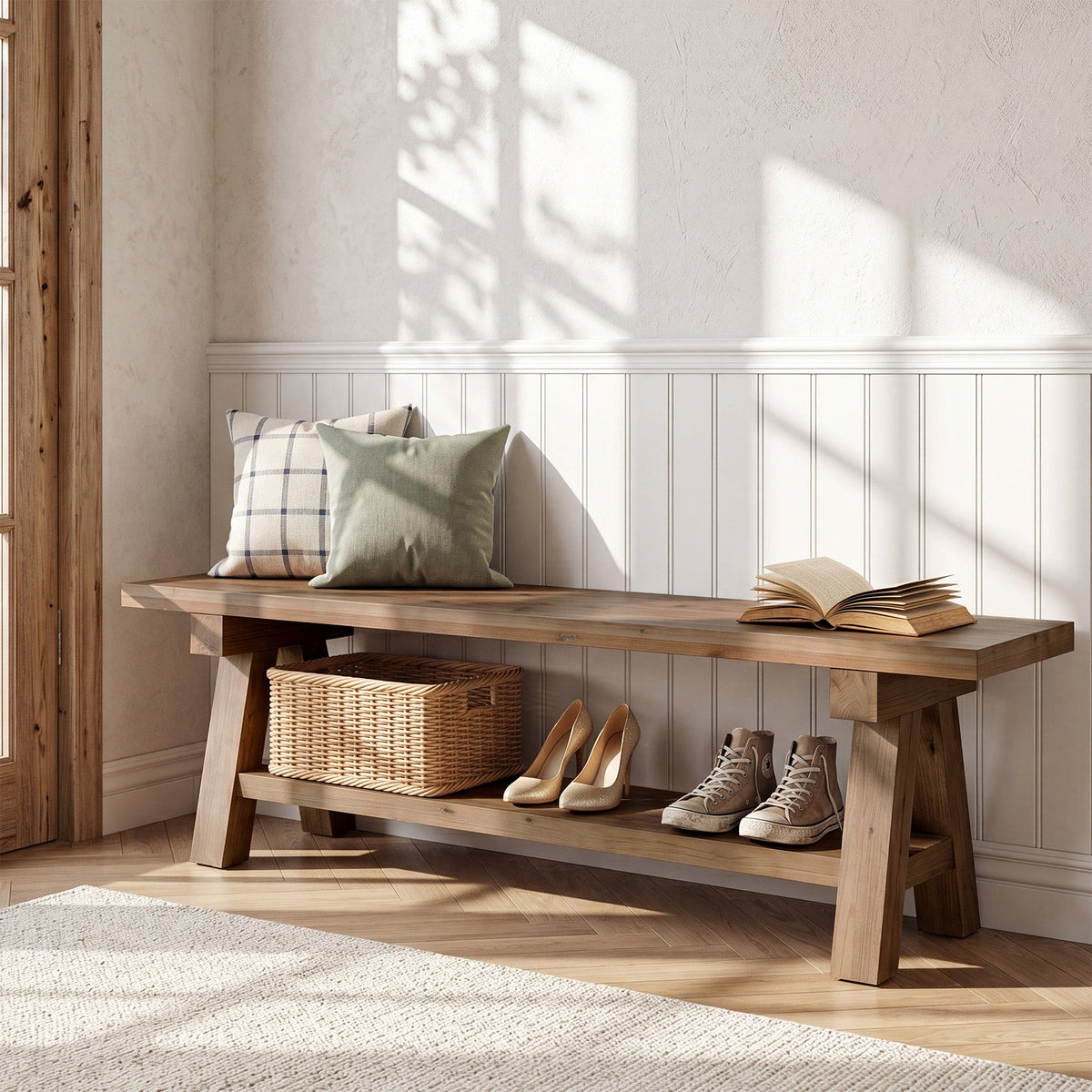 63-Inch Solid Wood Entryway Bench, Dining Bench with Open Storage for Hallway and Foyer