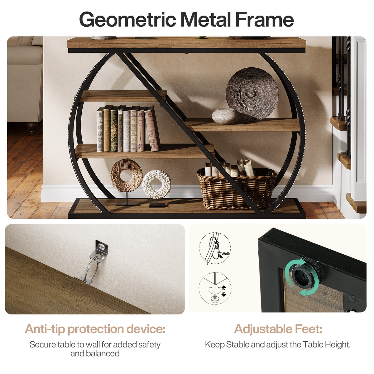 41 Inch Console Table with 5-Tier Storage Shelves and Arched Metal Frame, Industrial Entryway Table