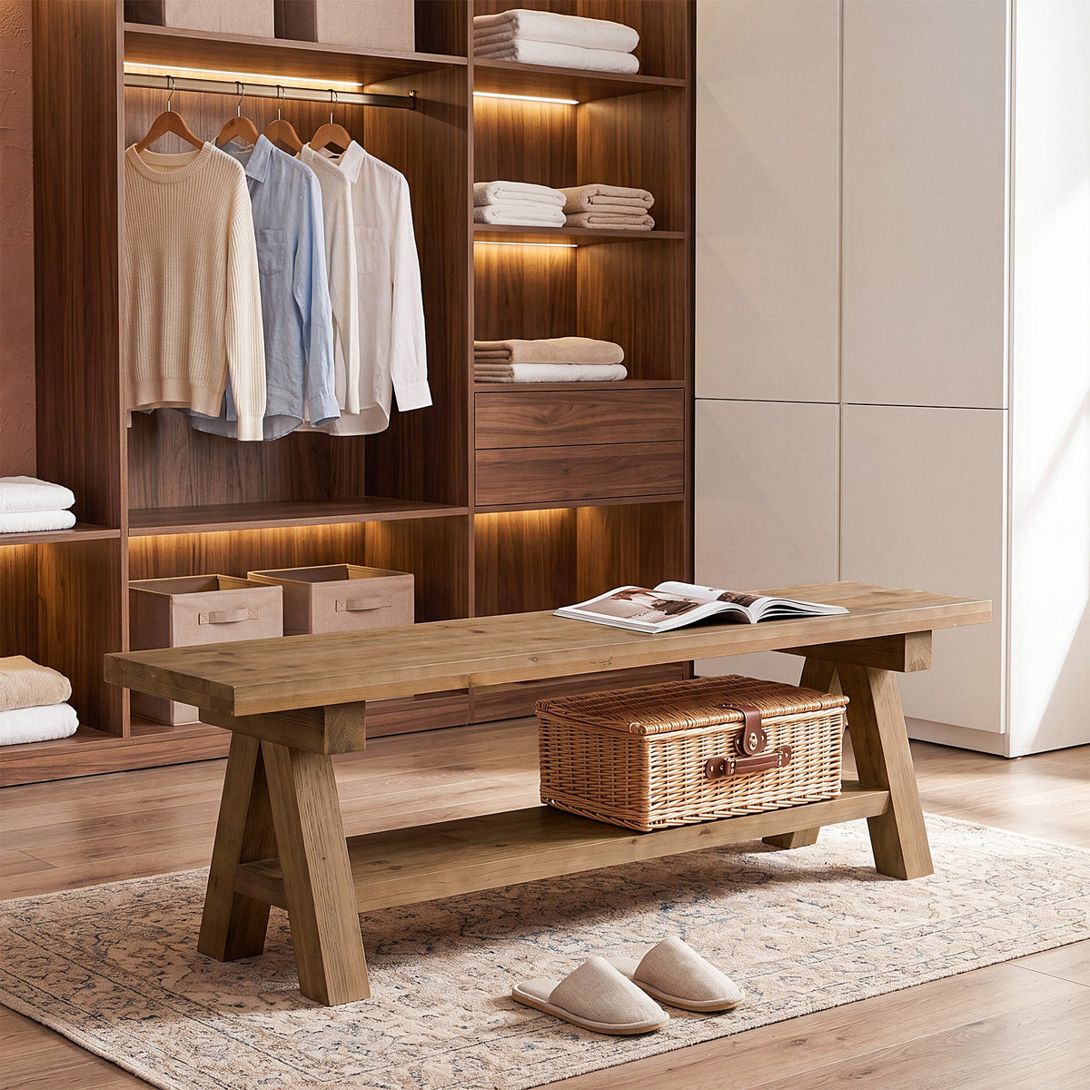 63-Inch Solid Wood Entryway Bench, Dining Bench with Open Storage for Hallway and Foyer