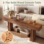 63-Inch Solid Wood Console Table with 2-Tier Storage Shelf, Farmhouse Sofa Entryway Table for Hallway