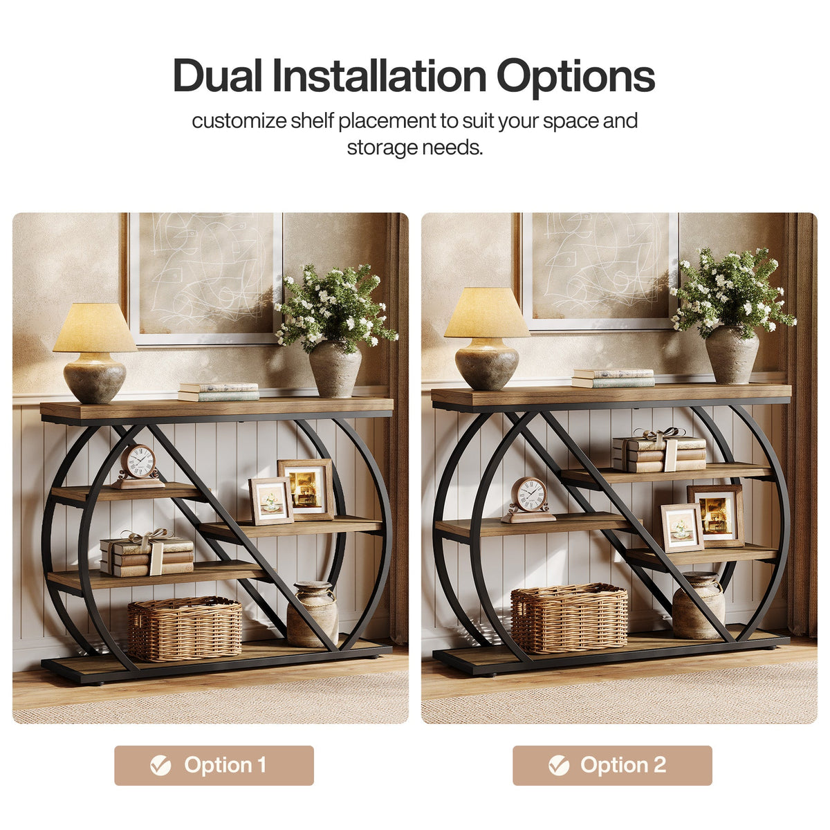 41 Inch Console Table with 5-Tier Storage Shelves and Arched Metal Frame, Industrial Entryway Table