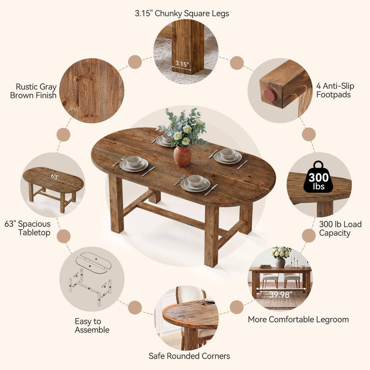 63 Inch Solid Fir Wood Oval Dining Table for 4-6, Farmhouse Kitchen Table with Crossbar