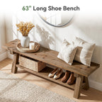 63-Inch Solid Wood Entryway Bench, Dining Bench with Open Storage for Hallway and Foyer