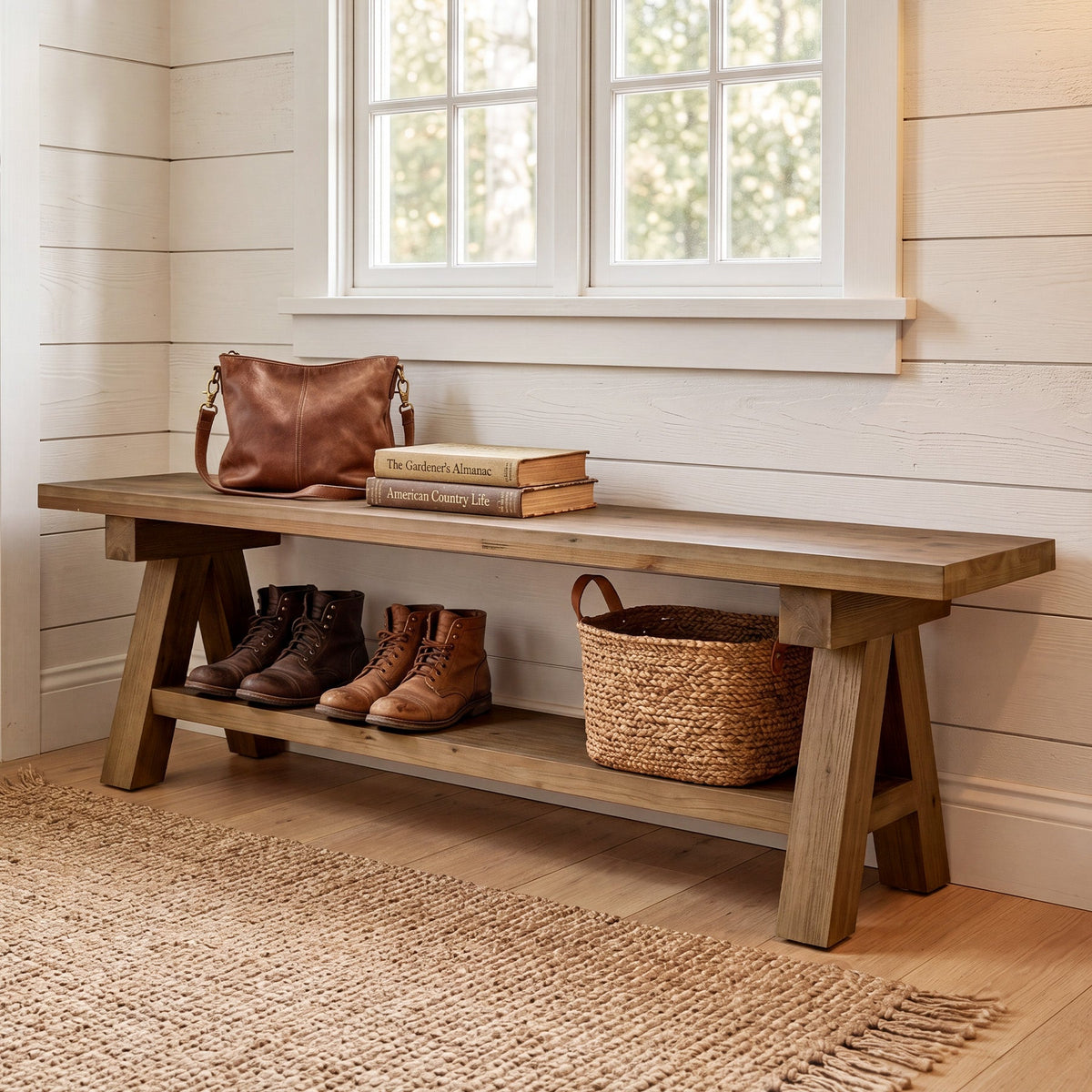 63-Inch Solid Wood Entryway Bench, Dining Bench with Open Storage for Hallway and Foyer