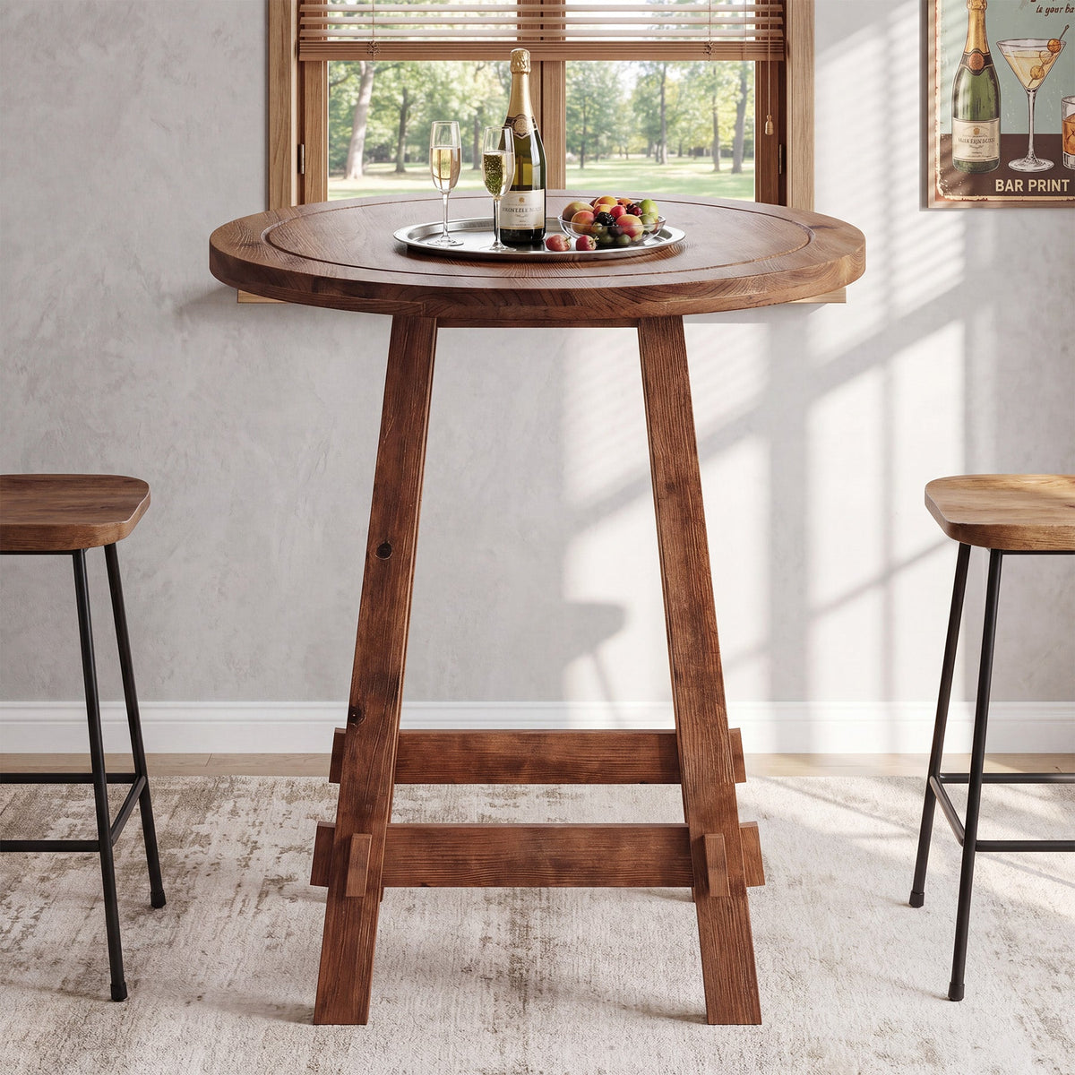 39.4-Inch High Round Solid Wood Bar Table with Footrest, Farmhouse Pub Table for Kitchen and Small Spaces