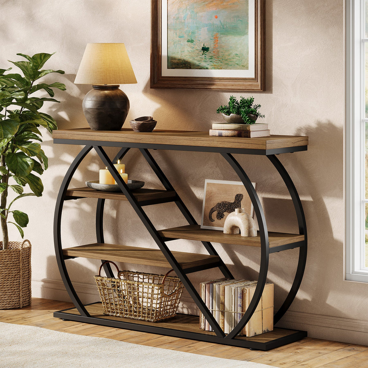 41 Inch Console Table with 5-Tier Storage Shelves and Arched Metal Frame, Industrial Entryway Table