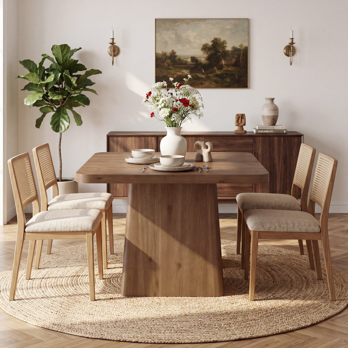 39.37-Inch Solid Wood Square Dining Table with Pedestal Base, Farmhouse Kitchen Table for Small Spaces