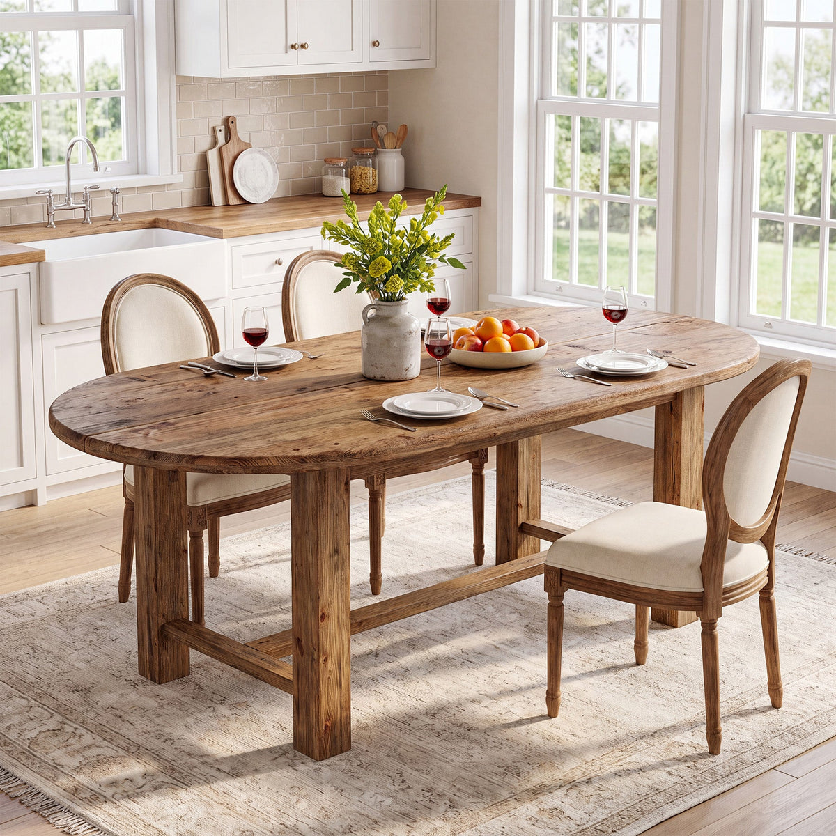63 Inch Solid Fir Wood Oval Dining Table for 4-6, Farmhouse Kitchen Table with Crossbar