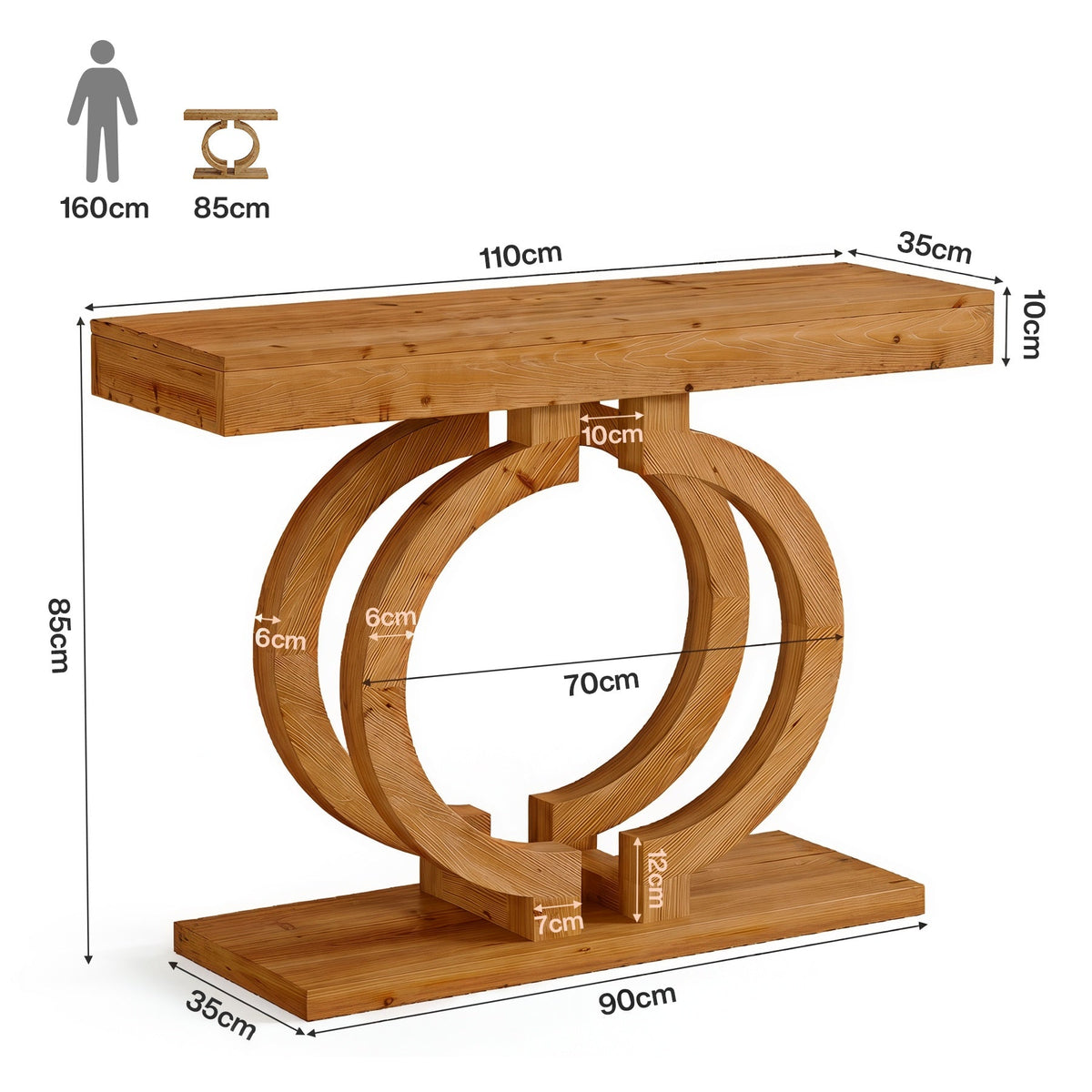 43.3-Inch Solid Wood Console Table with Double-Circle Base, Narrow Entryway Accent Table for Hallway