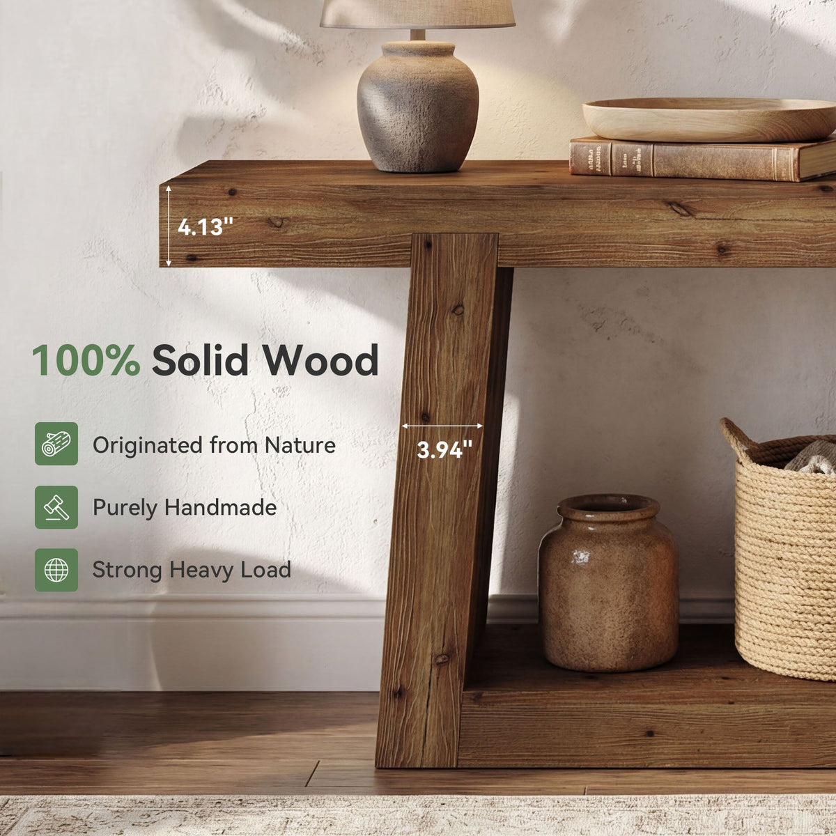 55-Inch Solid Wood Console Table, Farmhouse Narrow Sofa Table with Storage for Entryway, Hallway, Living Room