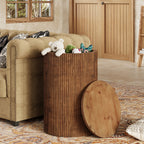 Solid Wood Round Side Table with Fluted Design and 4 Wheels, No-Assembly End Table with Storage for Living Room Bedroom and Small Spaces