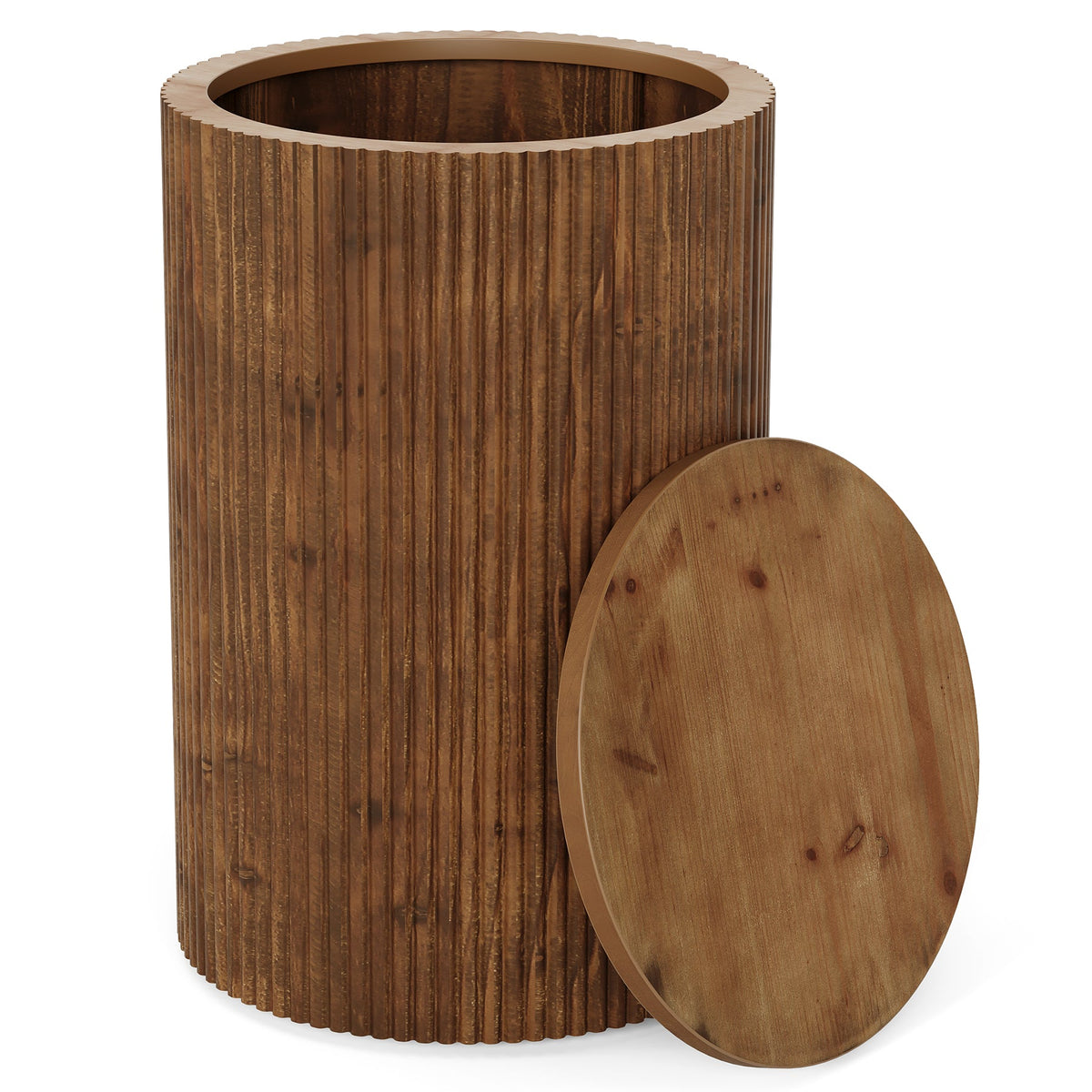 Solid Wood Round Side Table with Fluted Design and 4 Wheels, No-Assembly End Table with Storage for Living Room Bedroom and Small Spaces