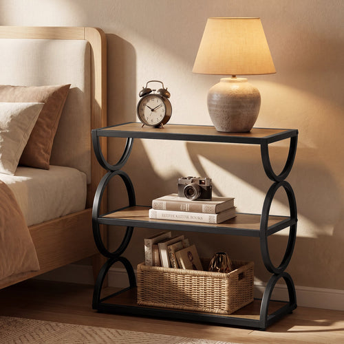 23.6-Inch Nightstand with 3-Tier Storage Shelves and Circular Frame, Industrial Bedside Table for Bedroom and Small Spaces
