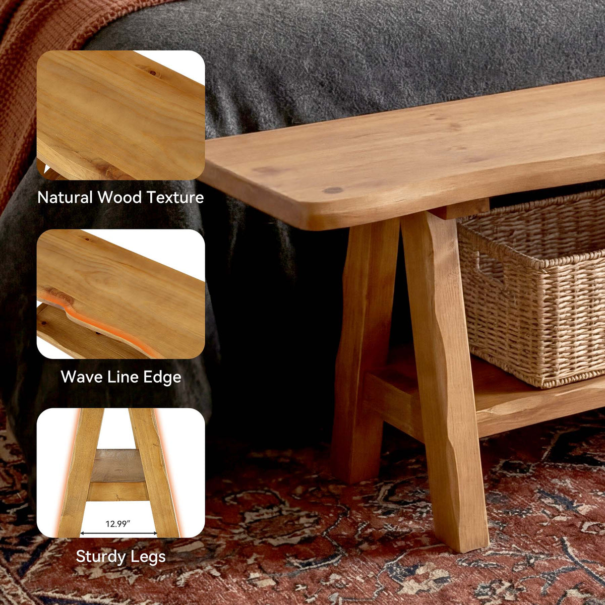 55-Inch Solid Wood Entryway Bench with Live-Edge, 2-Tier Shoe Storage for Bedroom