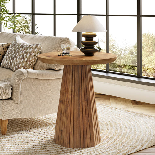 19.7-Inch Solid Wood End Table with Fluted Base, Small Round Side Table for Small Spaces
